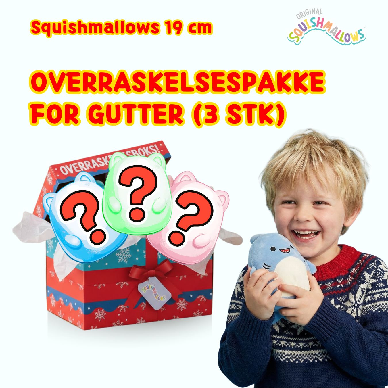 Squishmallows 19 cm overraskelsespakke med 3 deler for gutter | Original Jazwares | Bursdagsgave og gave til barn, jenter og gutter | Squishmallows Norge