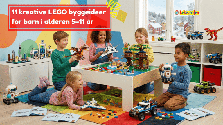 Barn i alderen 5 til 11 år bygger fargerike LEGO-strukturer, inkludert en by, rakett og slott hjemme