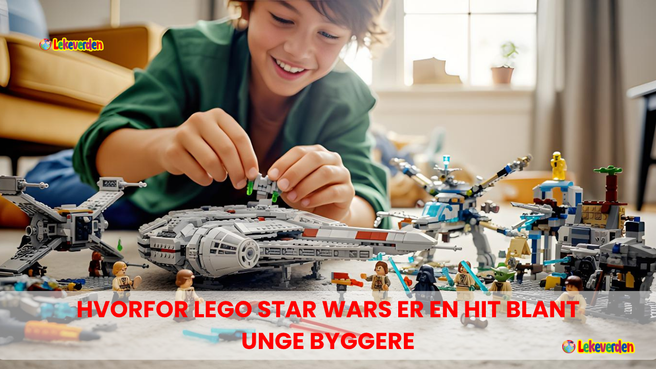 Spent barn som bygger LEGO Millennium Falcon-settet, med den ferdige LEGO X-Wing stolt utstilt i bakgrunnen.