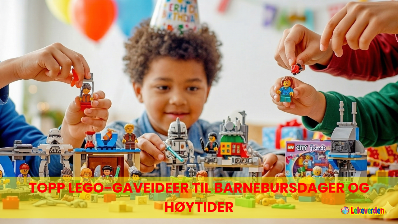 En vakkert innpakket LEGO-gaveeske omgitt av fargerik julepynt, med spente barn i bakgrunnen