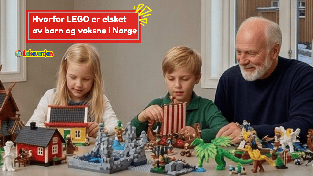 Norsk familie på fire som bygger LEGO sammen ved et kjøkkenbord i tre, smilende og engasjert i samarbeidslek