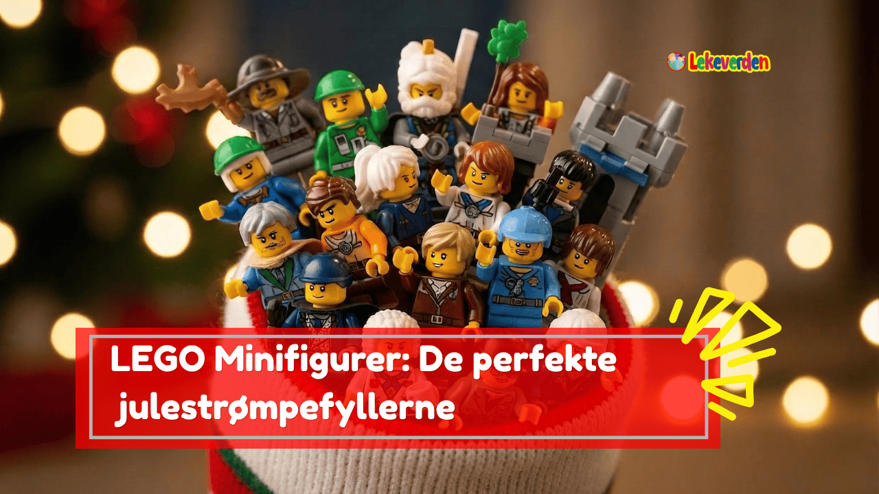 En samling fargerike LEGO-minifigurer i forskjellige kostymer, inkludert astronaut, ridder, trollmann og politibetjent, utstilt sammen.