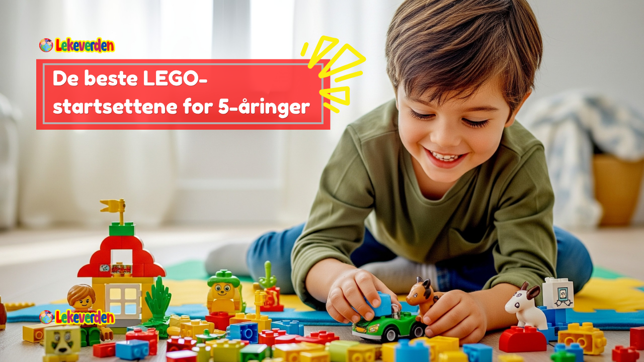 Glad 5 år gammelt barn bygger sitt første LEGO-sett ved et bord, og kobler forsiktig sammen fargerike klosser med fokusert konsentrasjon
