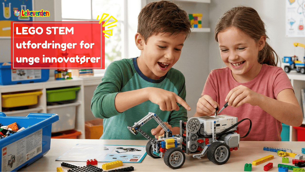 Gruppe barn som jobber sammen med en LEGO STEM-utfordring, og bygger en ballongdrevet racerbil på et bord dekket av tekniske LEGO-klosser