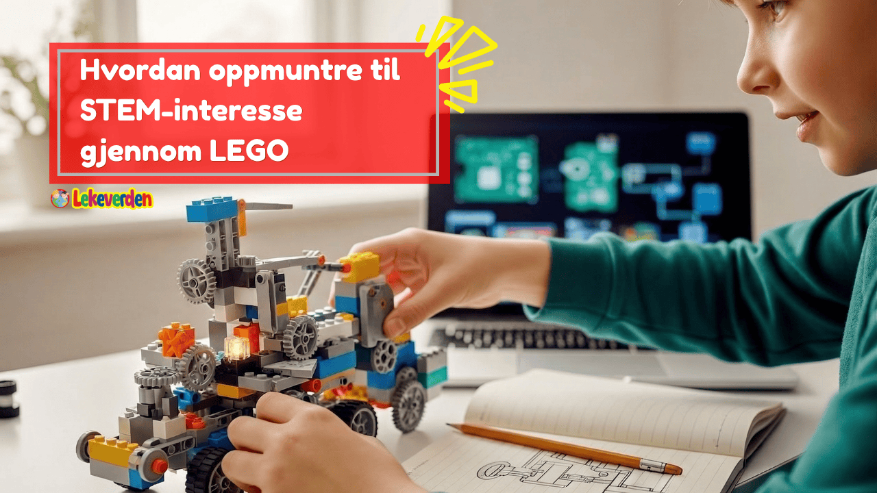 Barn eksperimenterer med en LEGO-struktur som inneholder bevegelige deler, veiledet av en engasjert forelder som stiller spørsmål ved siden av dem