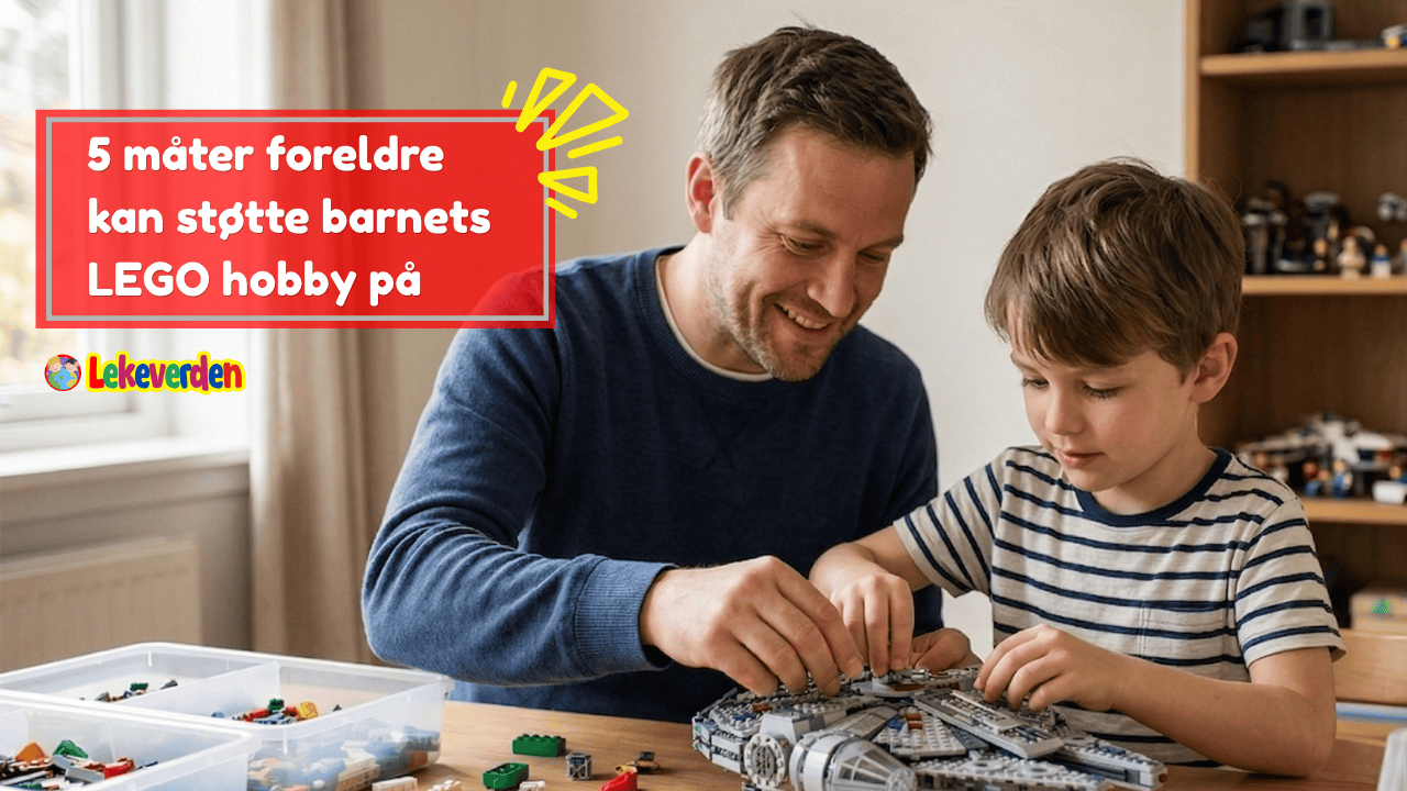 Forelder som hjelper barn med å organisere et LEGO-arbeidsområde med merkede oppbevaringsbeholdere, smiler mens de sorterer klosser sammen