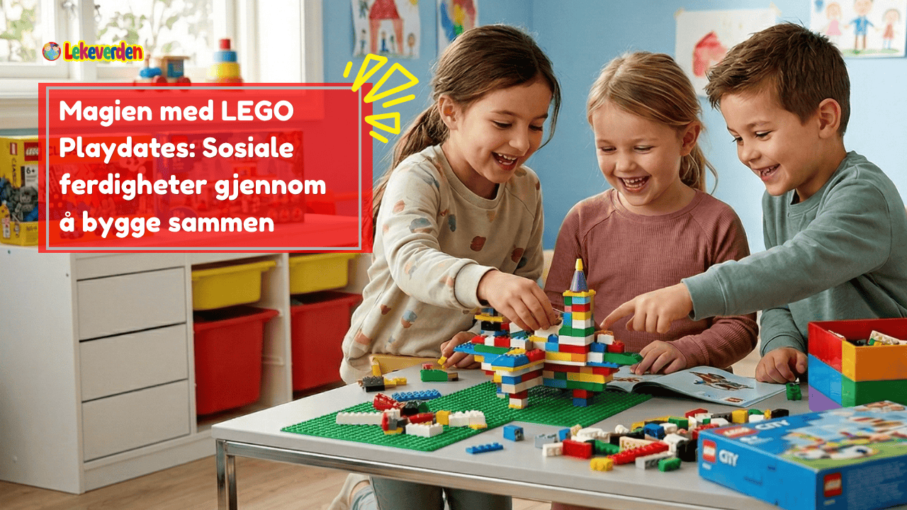 To barn som jobber sammen med et LEGO-byggeprosjekt ved et bord, smiler og deler klosser under en lekeavtale