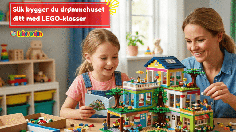 Et detaljert LEGO-hus bygget av et barn med flere rom, fargerike vegger, vinduer og en hage