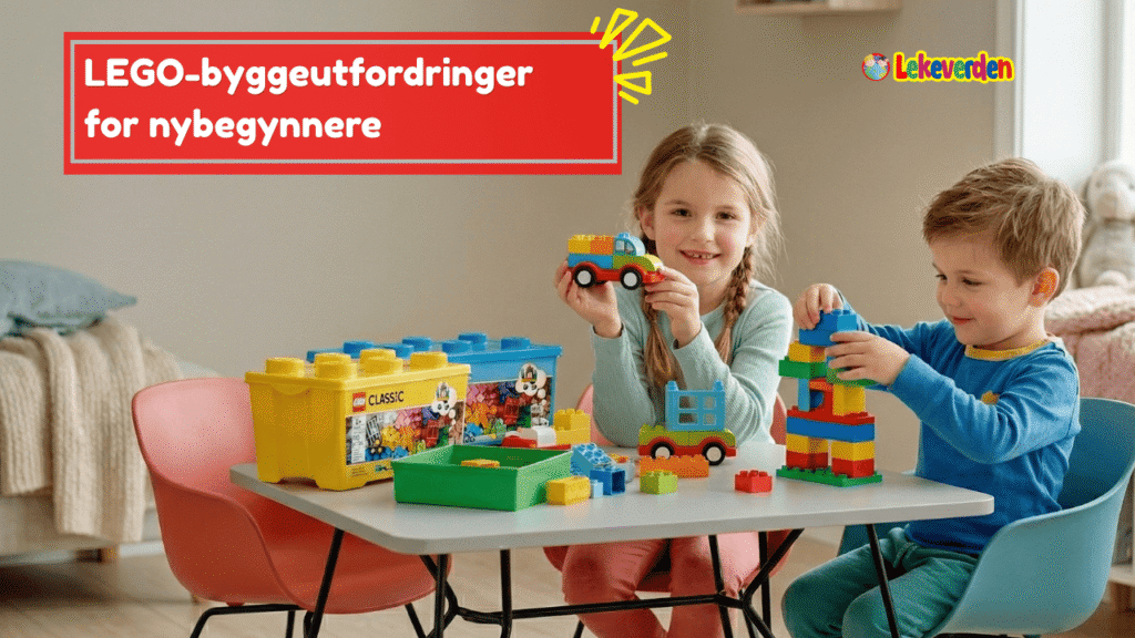 Et lite barn som selvsikkert bygger en LEGO-tårnutfordring med fargerike klosser, med et begeistret uttrykk i ansiktet