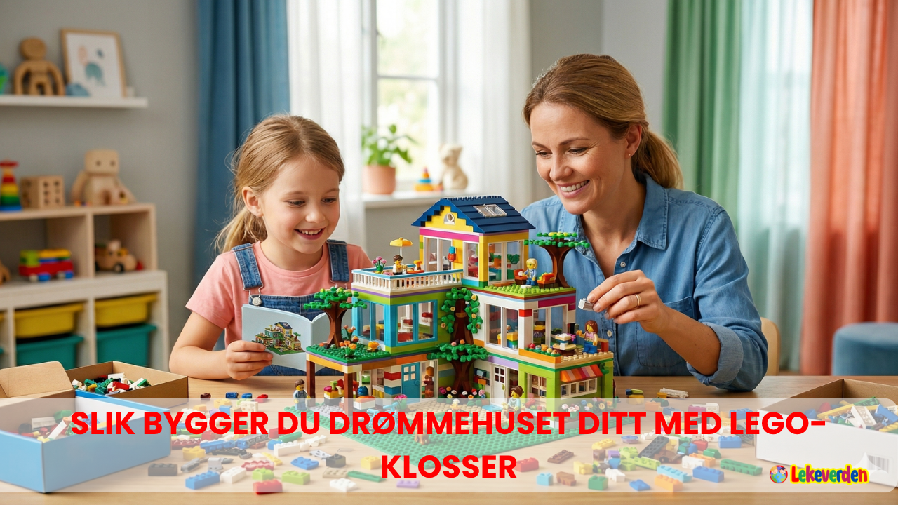 Et detaljert LEGO-hus bygget av et barn med flere rom, fargerike vegger, vinduer og en hage