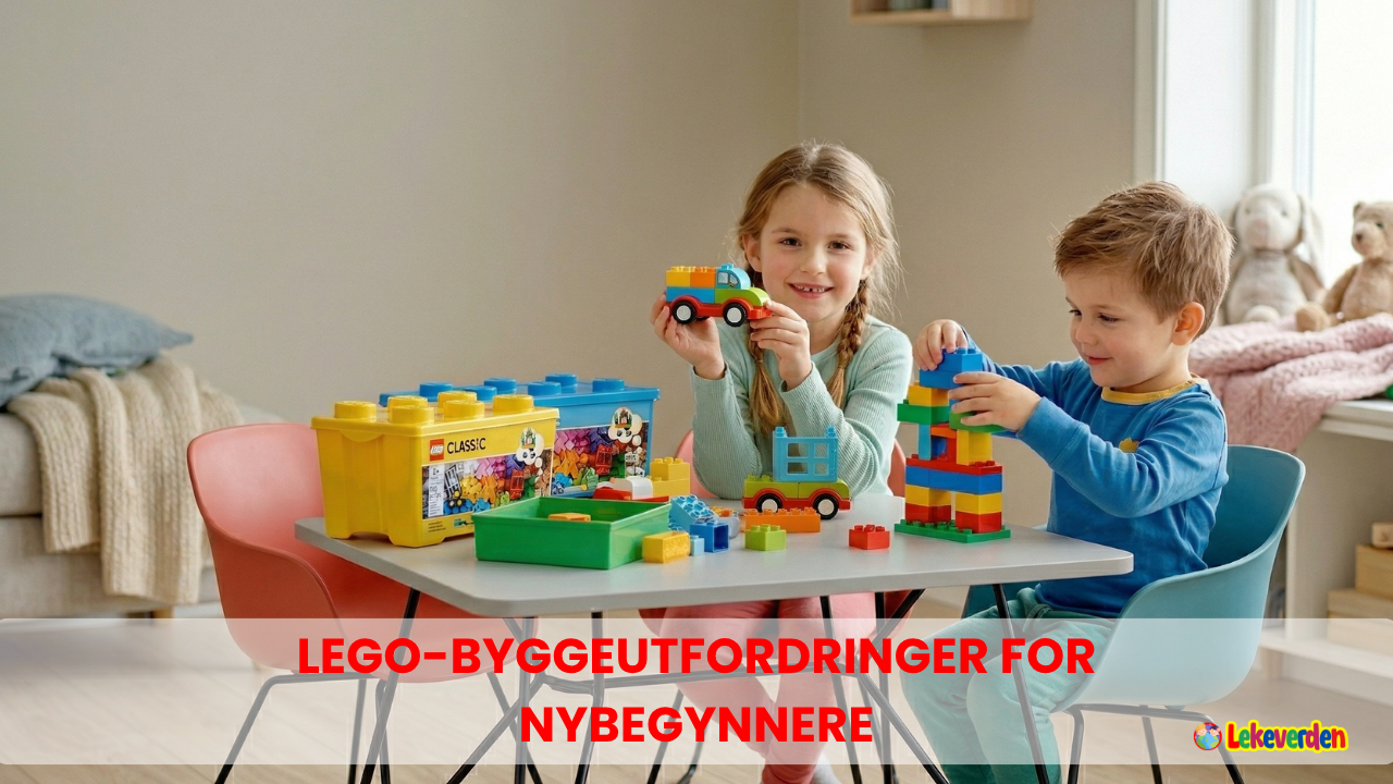 LEGO-byggeutfordringer for nybegynnere 1 Et lite barn som selvsikkert bygger en LEGO-tårnutfordring med fargerike klosser, med et begeistret uttrykk i ansiktet