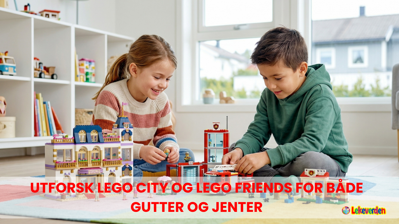 Side om side-utstilling av fargerikt LEGO City politistasjon og LEGO Friends kafésett, som viser begge temaene for alle barn