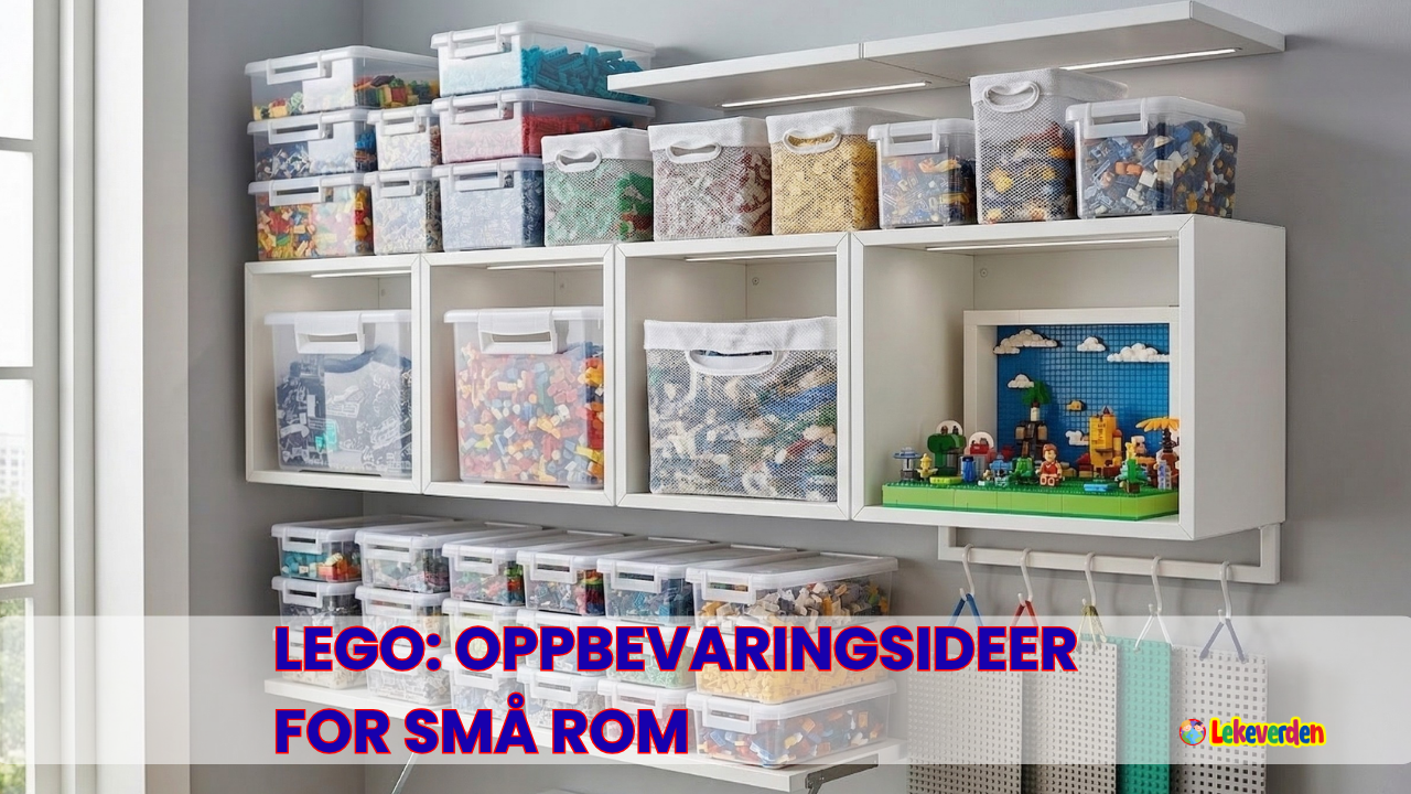 Pent organiserte LEGO-klosser i fargerike stabelbare esker og vegghyller på et lite barnerom