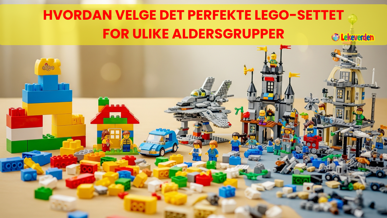 Foreldre og barn ser på forskjellige LEGO-sett sammen i en leketøysbutikk, og sammenligner alternativer for ulike aldersgrupper
