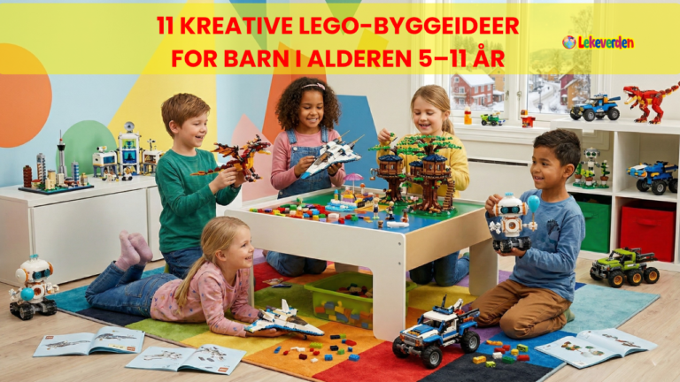 Barn bygger kreative LEGO-modeller med fargerike klosser – morsomme byggeideer for barn 5–11 år