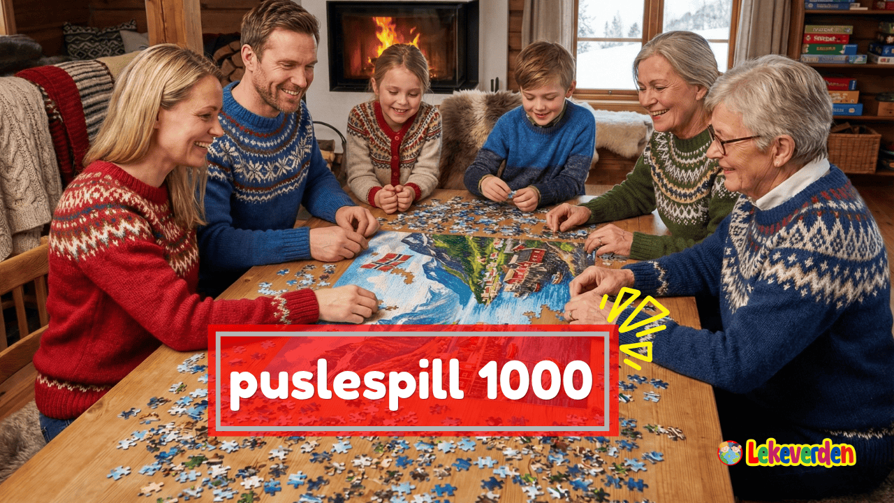 Puslespill med 1000 brikker lagt ut på et bord med detaljert motiv og mange farger