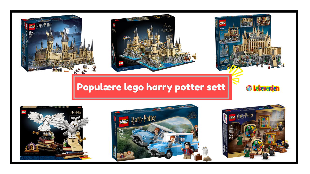 Populære LEGO Harry Potter-sett, inkludert Galtvort slott, Diagonallmenningen og Galtvortlandsbyen, utstilt sammen