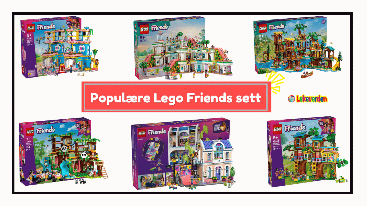 Populære LEGO Friends-sett, inkludert Heartlake City kafé, hestestall og strandresort, utstilt sammen
