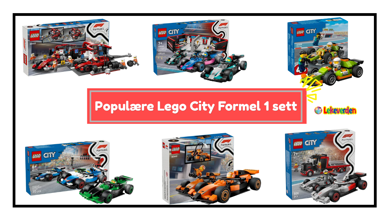 Populære LEGO City Formel 1-sett, inkludert minifigurer av F1-racerbil, pitstop-garasje og racerførere.