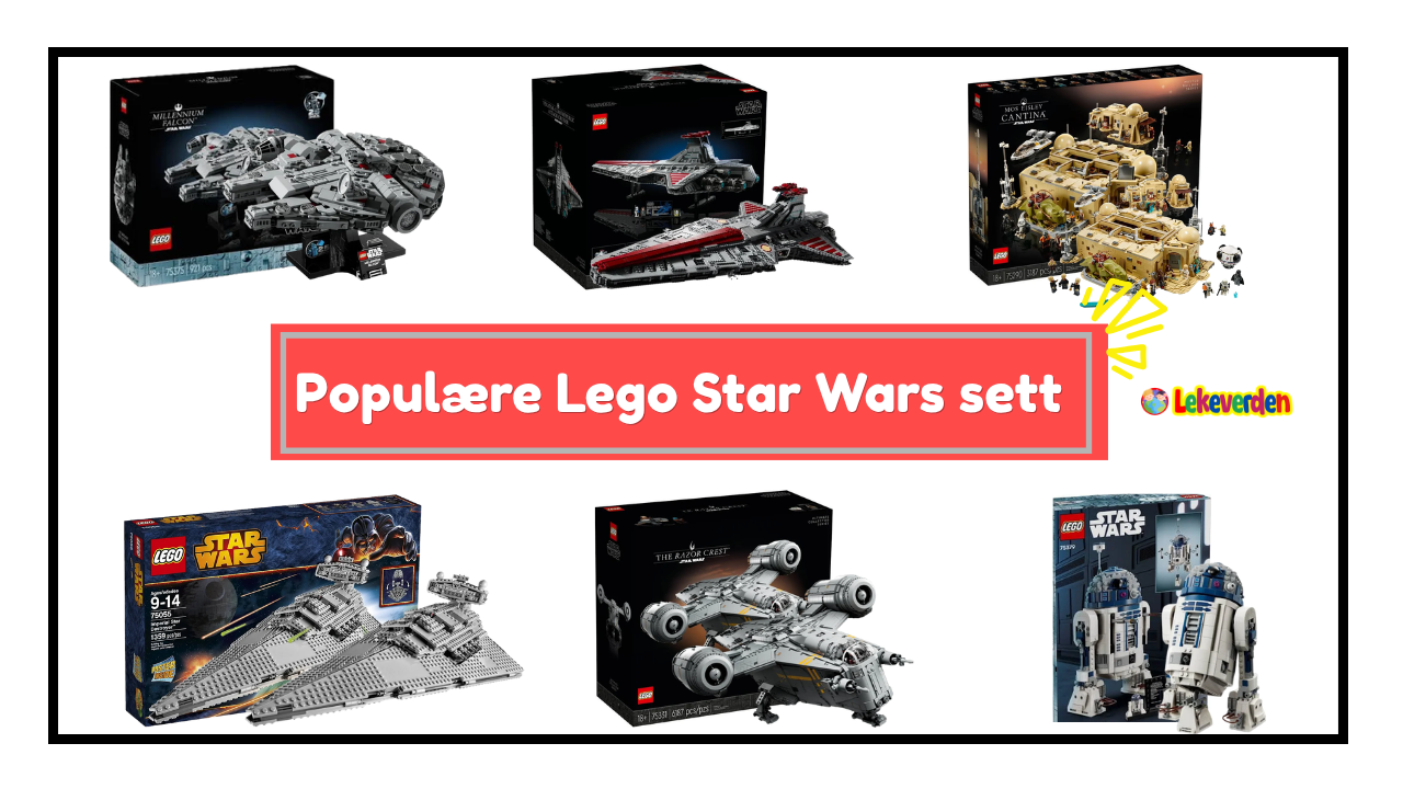 Populære LEGO Star Wars-sett, inkludert Millennium Falcon, X-Wing og Dødsstjernen, vist på en mørk bakgrunn.
