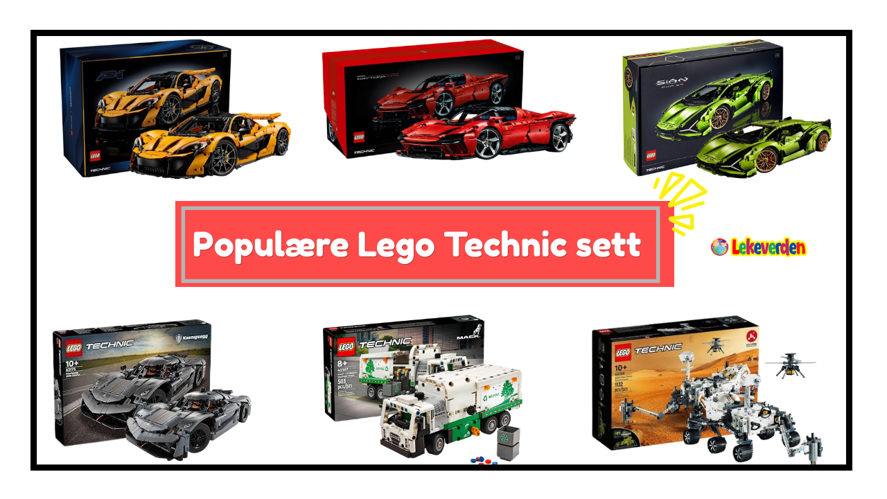 Populære LEGO Technic-sett, inkludert superbil-, kran- og motorsykkelmodeller med fungerende mekanismer vist frem