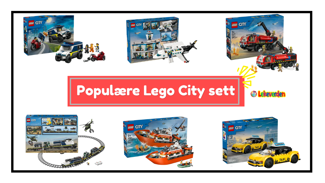 Populære LEGO City-sett for barn, inkludert politistasjon, brannbil og bytorg, utstilt sammen