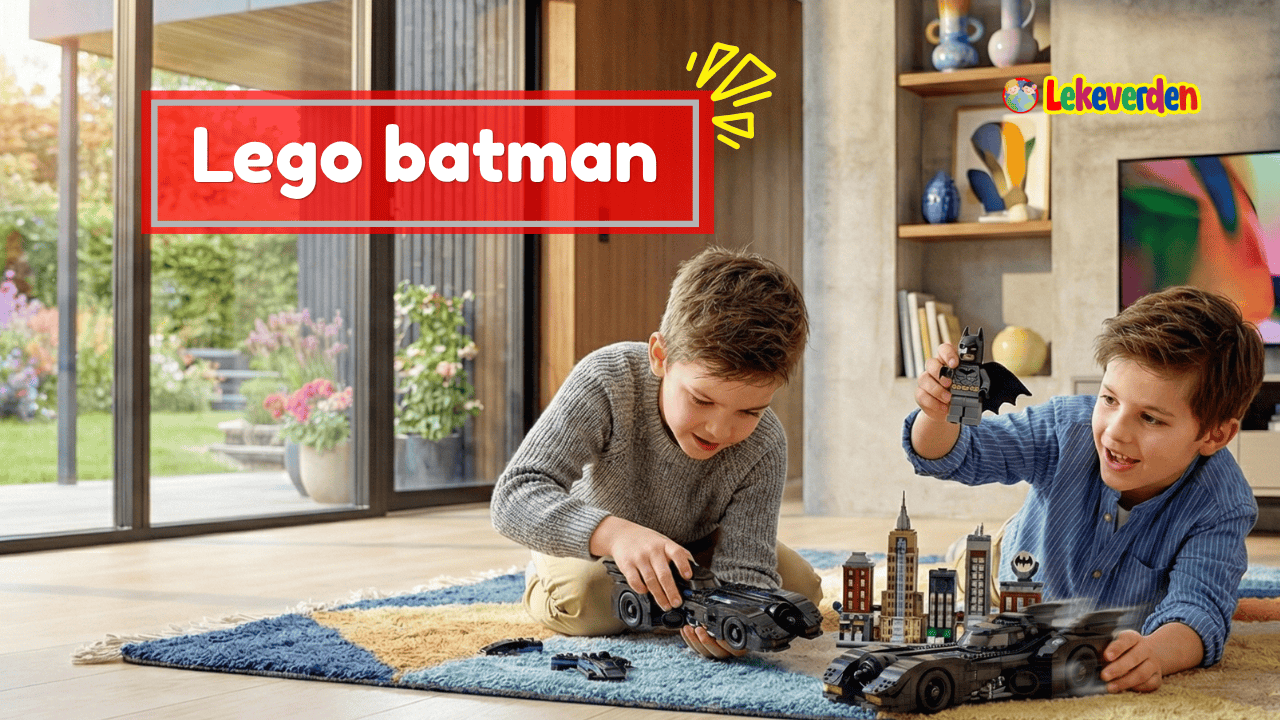 Lego Batman sett med Batmobile, minifigurer og Gotham City bakgrunn