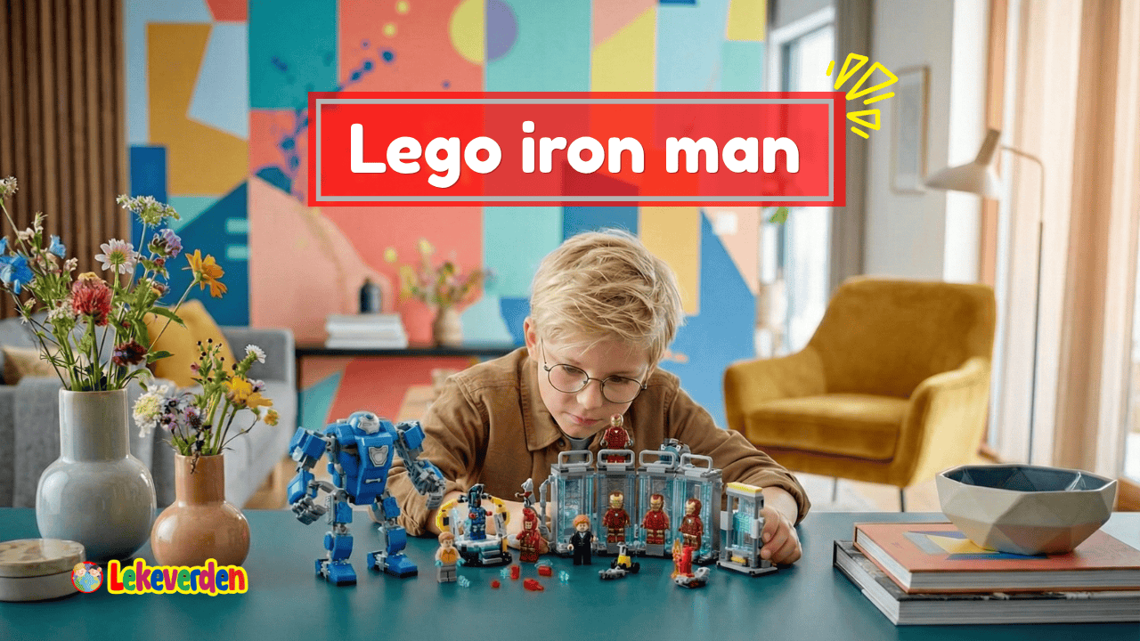 Lego Iron Man-figur i rød og gull rustning med detaljerte designelementer og bevegelige deler