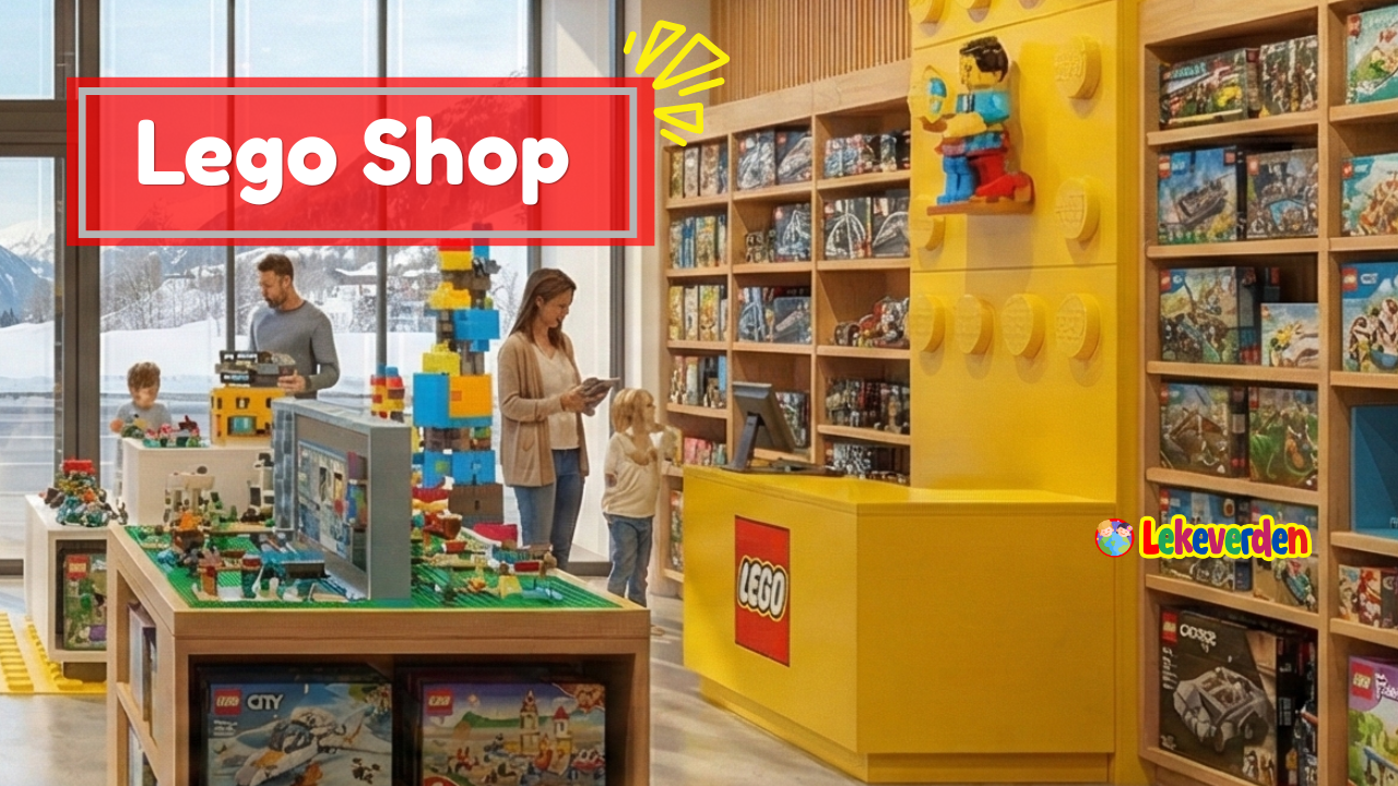 Interiør av en Lego-butikk med fargerike LEGO-sett og utstillinger for barn og voksne