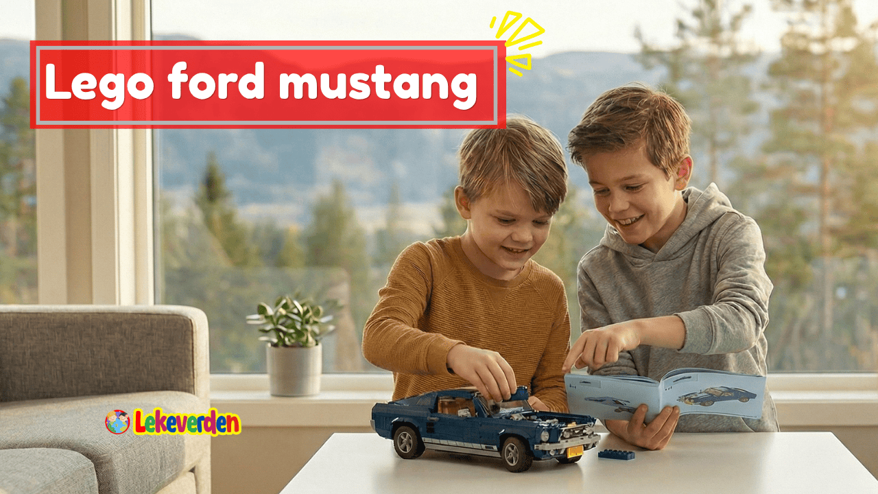 Lego Ford Mustang modellbil med klassisk design, blå farge og hvite racingstriper, detaljert bygget med realistiske funksjoner