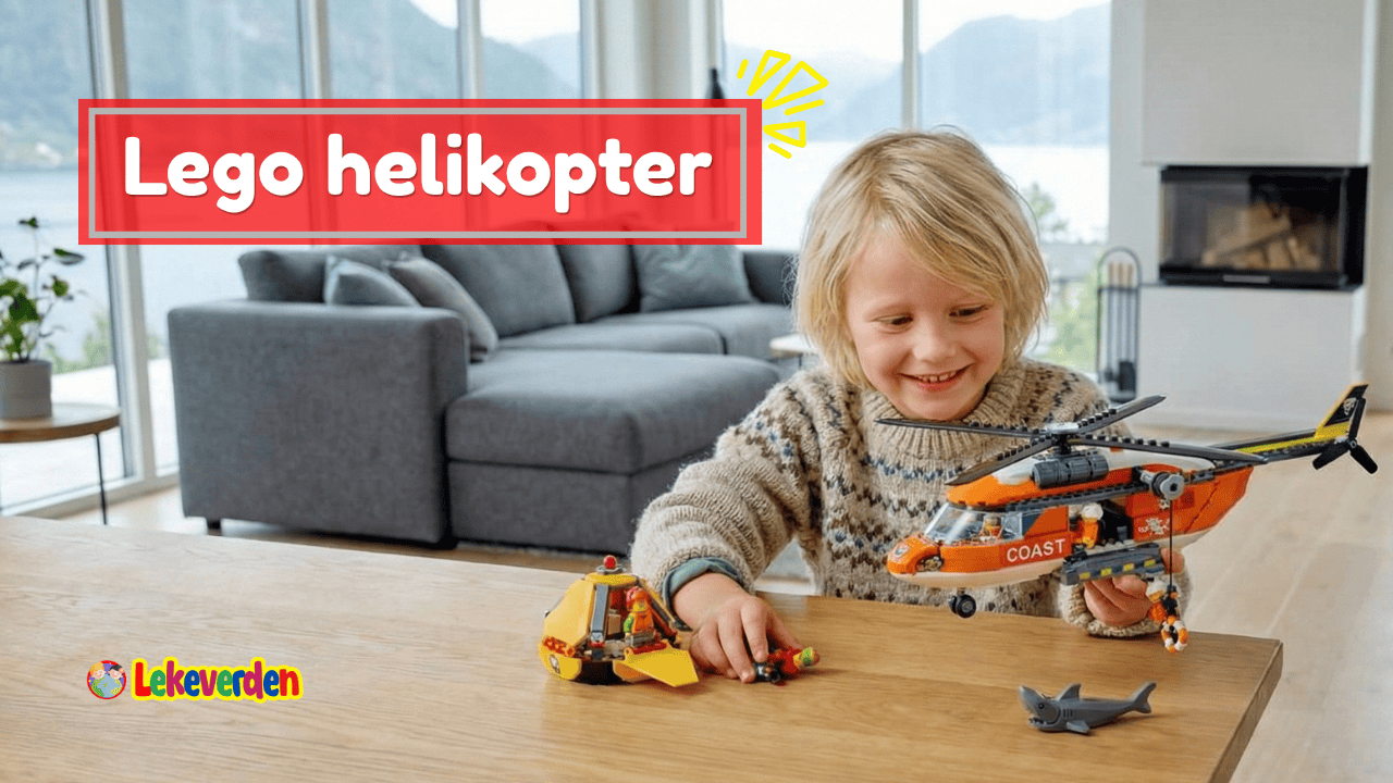 Detaljert LEGO-helikoptermodell med roterende rotorblader, cockpit og realistiske byggedetaljer