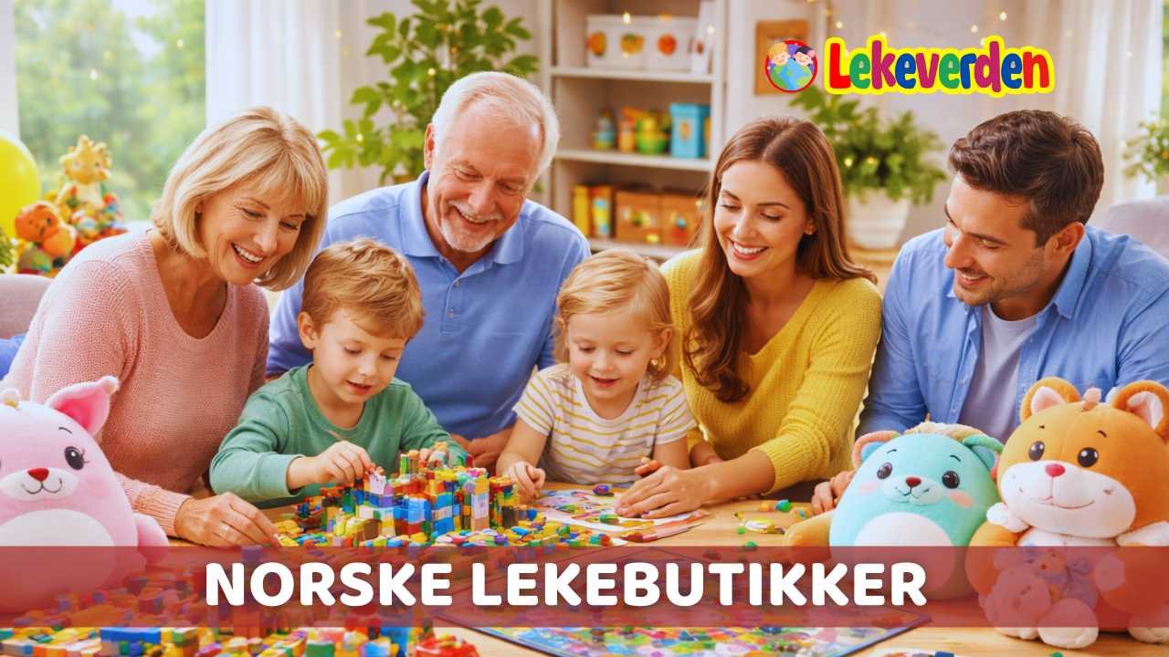 Lekebutikk - Familie med besteforeldre og barn som leker med LEGO-sett, Squishmallows, brettspill og kreative leker sammen hjemme