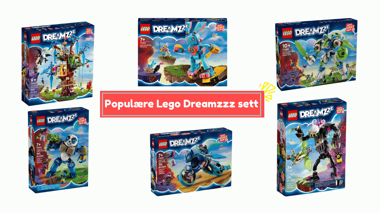 Populære LEGO Dreamzzz-sett, inkludert Drømmeseng, Mareritthai og Z-Blob the Beast, utstilt sammen.