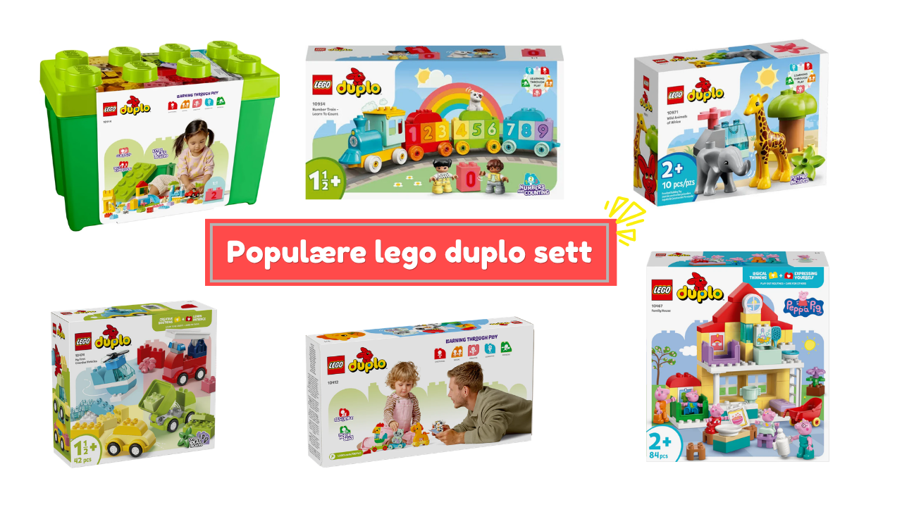 Populære LEGO Duplo-sett for småbarn, inkludert gård, tog, prinsesseslott og dyresett som vises sammen