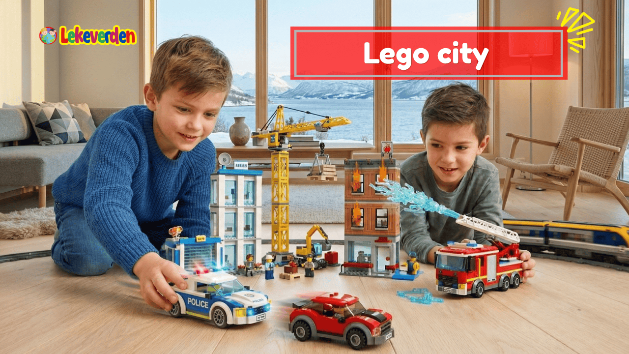 Lego City byggesett med detaljerte bygninger, kjøretøy og minifigurer i en livlig byscene