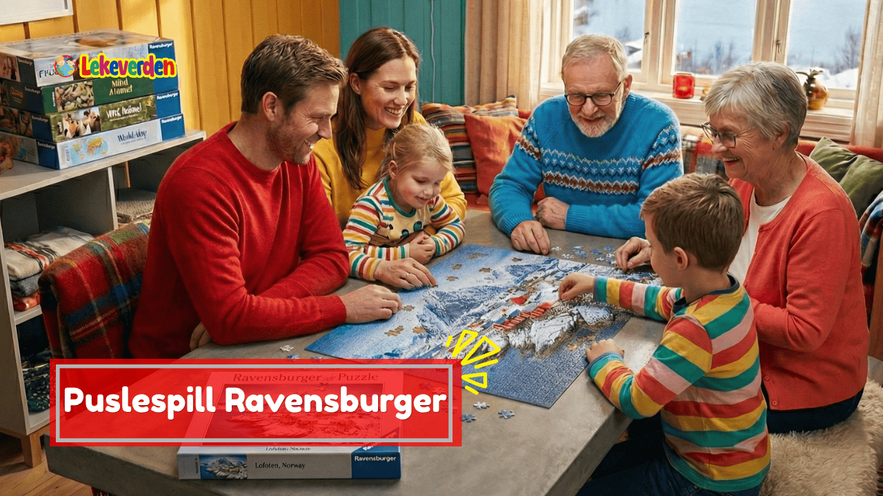 Ravensburger puslespill med detaljerte motiver og høy kvalitet brikker lagt sammen på et bord