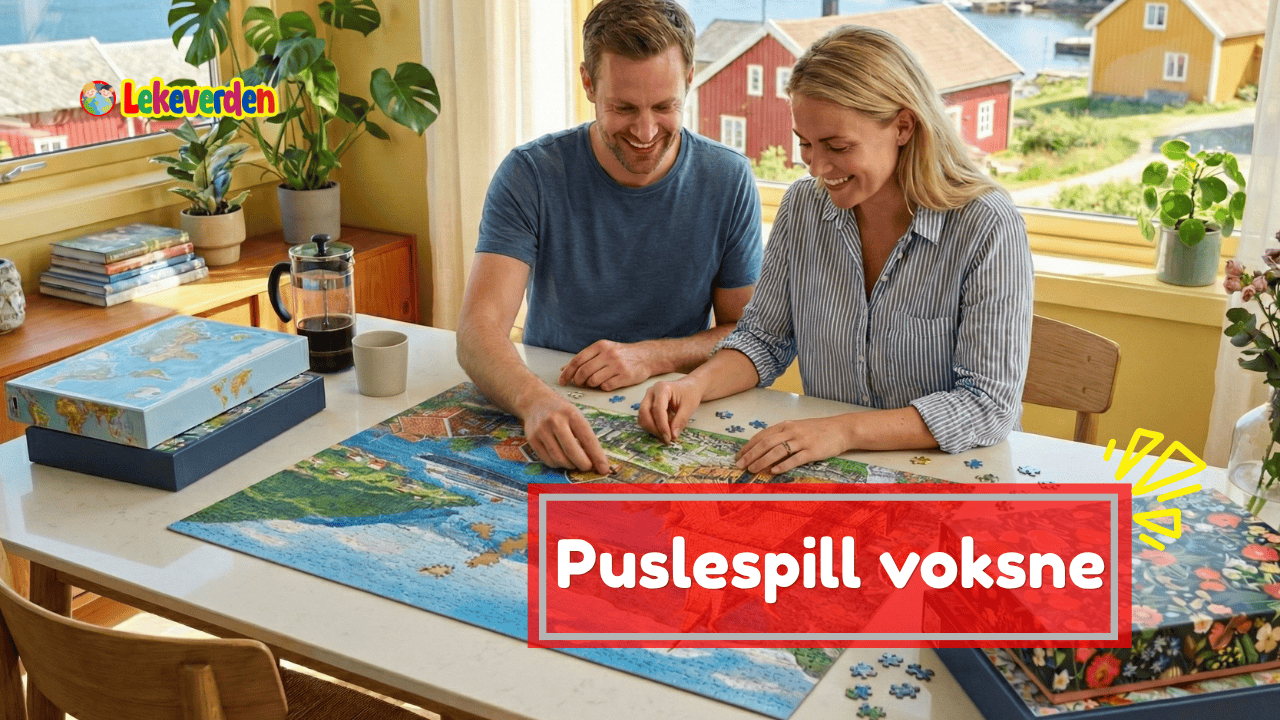 Voksne som legger et detaljert puslespill med mange brikker på et bord