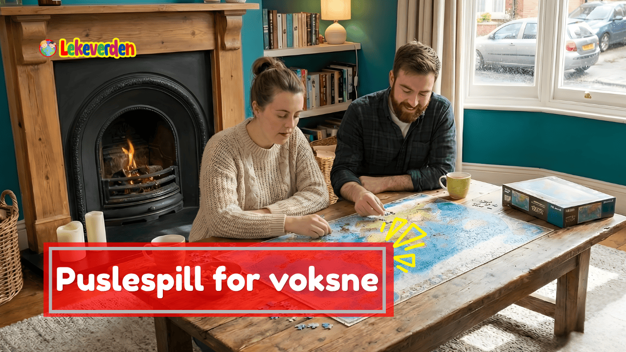 Voksen person som legger et avansert puslespill med mange brikker på et bord hjemme